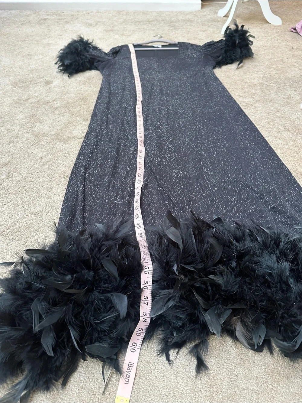 VTG 2X Black Sequin Feather Trim Maxi Dress Flare Sleeve Glam Witchy Whimsigoth